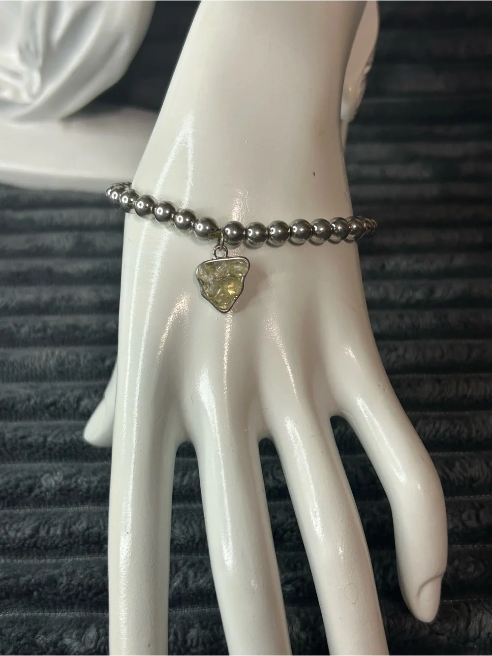 Silver Metallic Beaded Stretch Bracelet - Faux Raw Yellow Crystal Nugget Charm